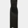 Deri drape midi elbise