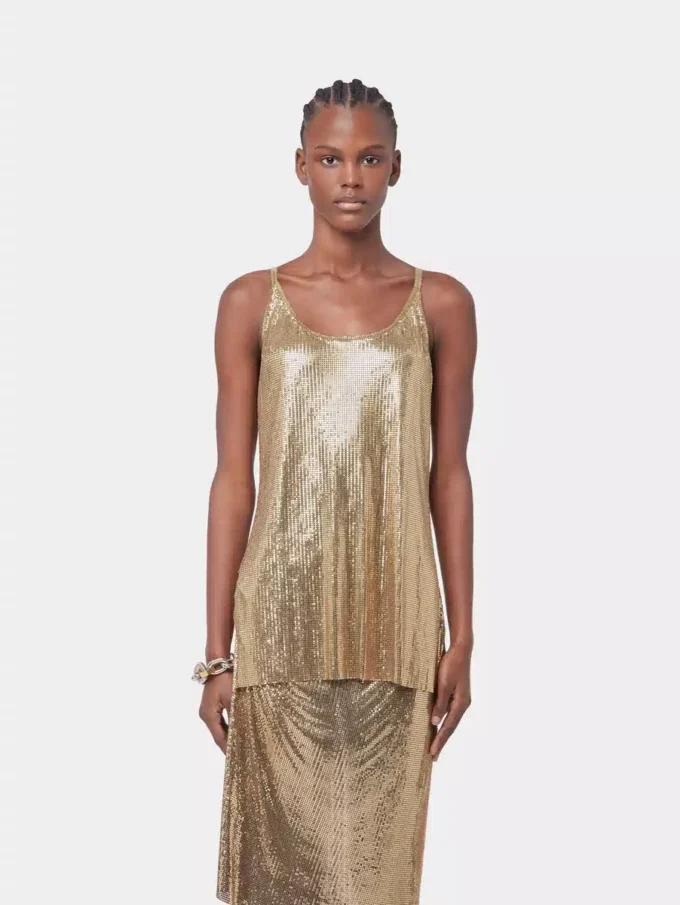 Mesh kumaştan altın renkli tank top