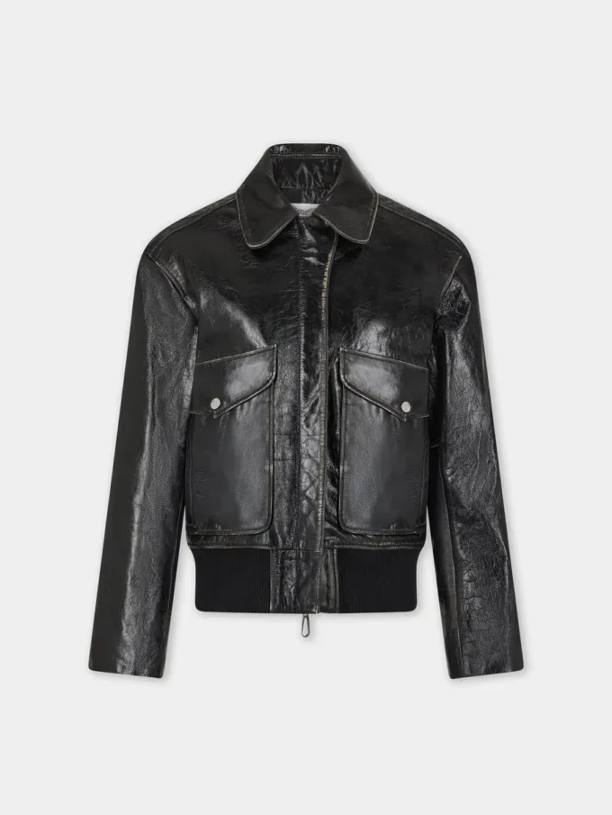 Siyah deri aviator bluzon ceket